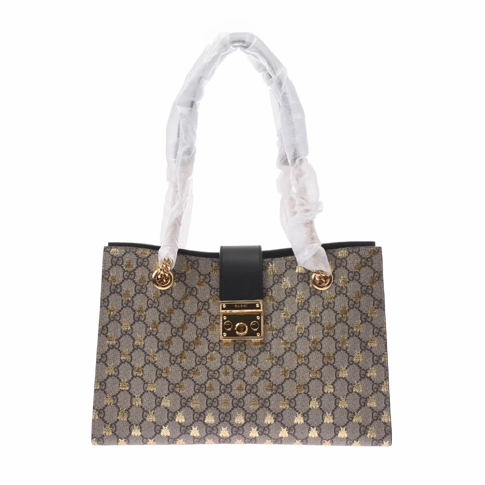 GUCCI Padlock Chain Tote Bee Gray Gold GG Supreme Canvas Bag